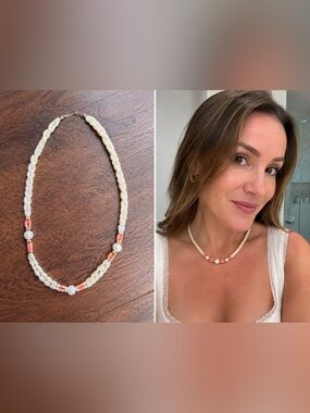Vintage Handcrafted Cream Bead Necklace with Coral Accents